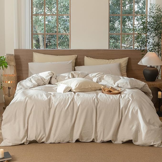 MooMee Striped Duvet Cover Set 100% Washed Cotton Linen Like Textured Breathable Durable Soft Comfy (Tannish Linen Grey White Pinstripes, Alaska King 132"x120")