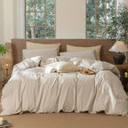MooMee Striped Duvet Cover Set 100% Washed Cotton Linen Like Textured Breathable Durable Soft Comfy (Tannish Linen Grey White Pinstripes, Oversized Queen 98"x98")