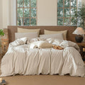 MooMee Striped Duvet Cover Set 100% Washed Cotton Linen Like Textured Breathable Durable Soft Comfy (Tannish Linen Grey White Pinstripes, Super King Plus 120"x120")