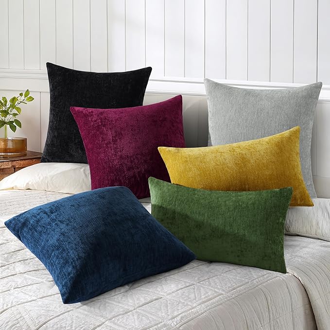 decorUhome Chenille Grey Throw Pillow Covers 12x20 Inch Set of 2, Decorative Soft Couch Pillow Covers Solid Dyed Accent Velvet Farmhouse Neutral Rectangle Pillow Cases for Sofa Bed Living Room