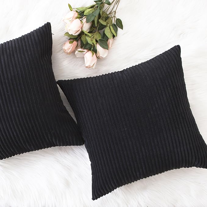Home Brilliant Pillow Covers Super Soft Striped Corduroy Spring Fall Decorative Euro Sham for Couch, Set of 2, 26 x 26 inch, Black