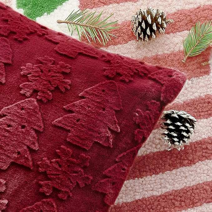 Christmas Pillow Covers 18x18, Soft Faux Rabbit Fur Throw Pillow Covers with 3D Embroidery Christmas Tree and Snowflake Design for Winter Holiday Home Decor, Couch Sofa Bedroom, Red