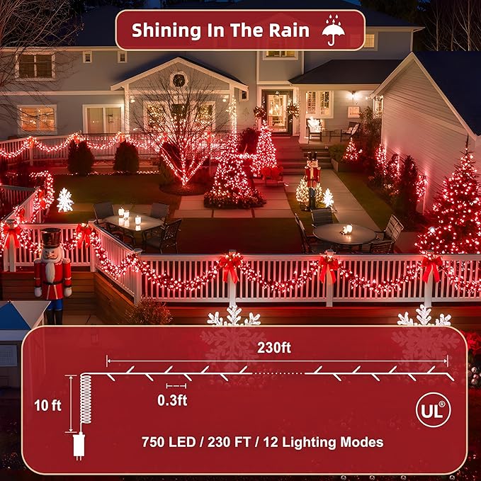 240FT Christmas Lights Outdoor, 750 LED Christmas Tree Decoration Lights with 12 Modes & Timer Memory, Dimmable Plug in Waterproof LED Xmas Light for Yard Trees Wedding Party Holiday Red