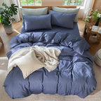 MooMee Bedding Duvet Cover Set 100% Washed Cotton Linen Like Textured Breathable Durable Soft Comfy (Heathered Blue, Super Queen 90"x98")