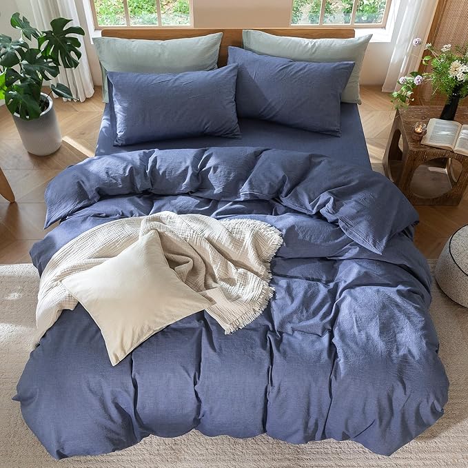 MooMee Bedding Duvet Cover Set 100% Washed Cotton Linen Like Textured Breathable Durable Soft Comfy (Heathered Blue, Twin 68"x90")