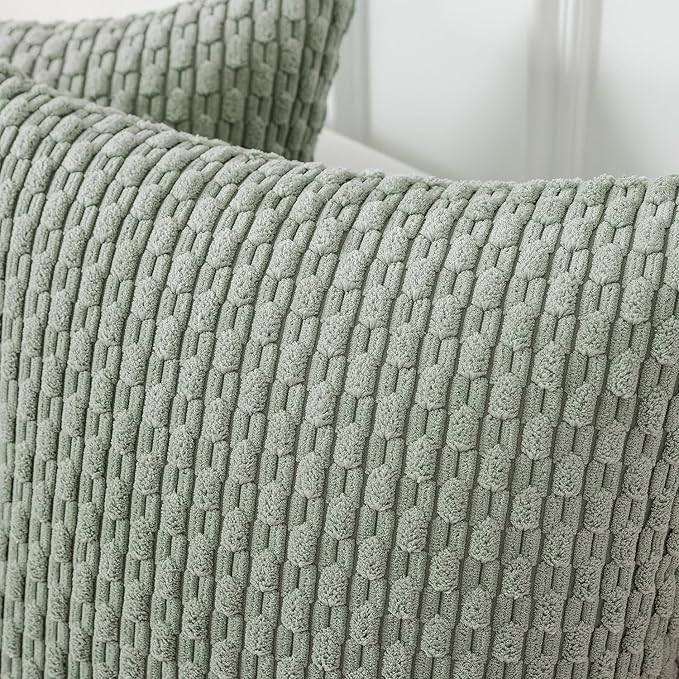 Kevin Textile Throw Pillow Covers Soft Corduroy Decorative Set of 2 Boho Striped Pillow Covers Pillowcases Farmhouse Home Decor for Couch Bed Sofa Living Room 12x20 Inch Greyish Green