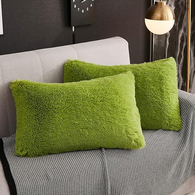 WERDIM Shaggy Fluffy Faux Fur Pillowcases 2 Pack Button Closure Velvet Pillow Shams Standard/Queen Size (Apple Green, 20 X 26 Inches)