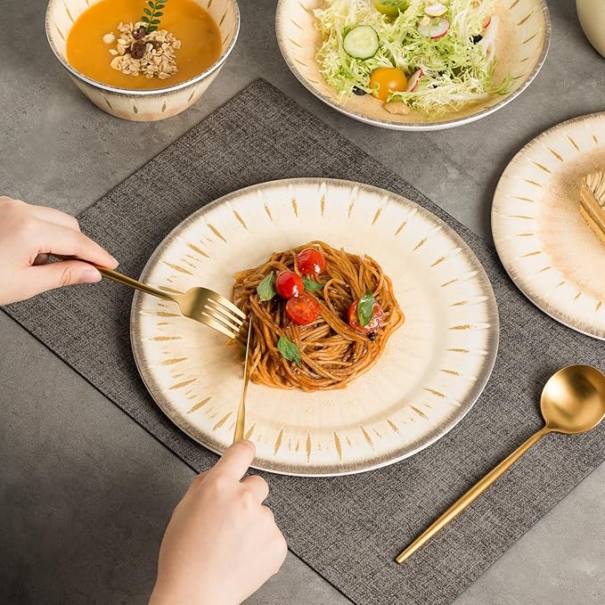 MissYip Melamine Dinnerware Set, 16 Piece for 4, Unbreakable Kitchen Plastic Plates and Bowls set, Indoor and Outdoor Use Tableware, BPA Free, Dishwasher Safe, Not Microwave, Not Oven(Cream)