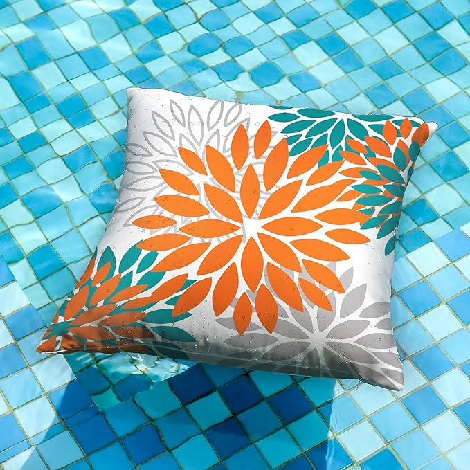 DFXSZ Orange Flower Pillow Covers 20x20 Inch Set of 2 Fall Throw Pillows Outdoor Waterproof Decor for Living Room Sofa Patio Funiture Garden Floral Polyester Pillow Covers 002N20