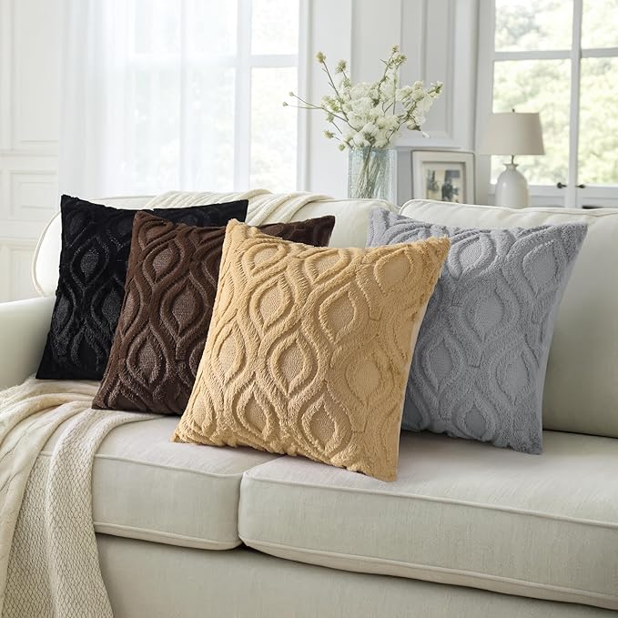 decorUhome Fall Throw Pillow Covers 18x18 Inch Set of 2, Soft Plush Decorative Faux Fur Black Solid Couch Pillow Covers, Accent Farmhouse Neutral Square Euro Pillow Cases for Sofa Bed Living Room