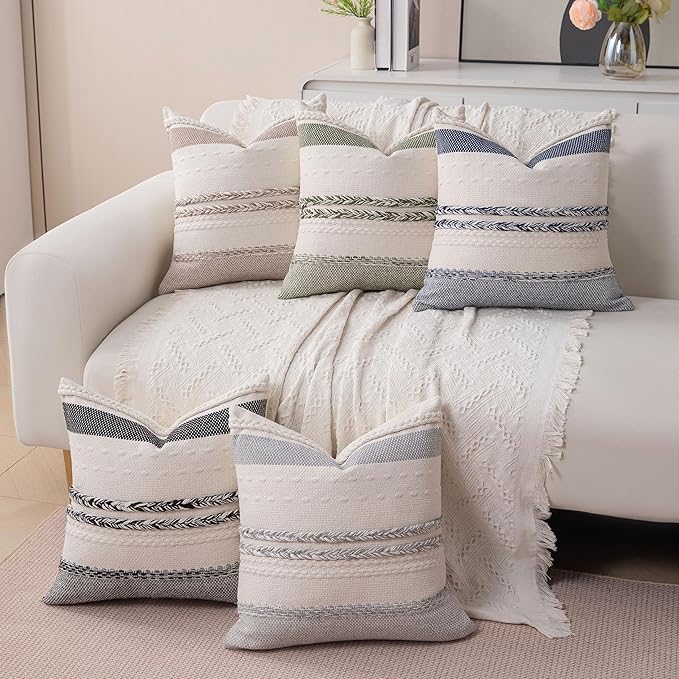 Boho Khaki Pillow Covers Pack of 2-18x18 Inch Decorative Farmhouse Accent Striped Boho Throw Pillows Neutral Coastal Textured Square Pillowcases for Couch Living Room Bed Sofa, Home Decor