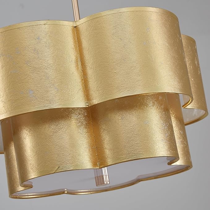 Shrine Lighting Chandeliers, Modern Design, Perfect Drum Pendant Light for Dining Room, D17.3'' × H9.4'', Adjustable 35'', 4 x E12 Sockets, Two Cloth Gold Lampshades & Gold Frame Finish
