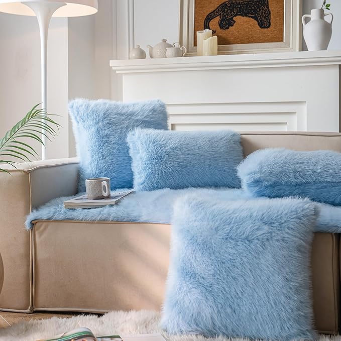 Neelvin Blue Faux Fur Cozy Fluffy Double-Sided Decorative Throw Pillow Covers 12x20 inch Set of 2,Velvet Pillowcase Cushion Case for Sofa Couch