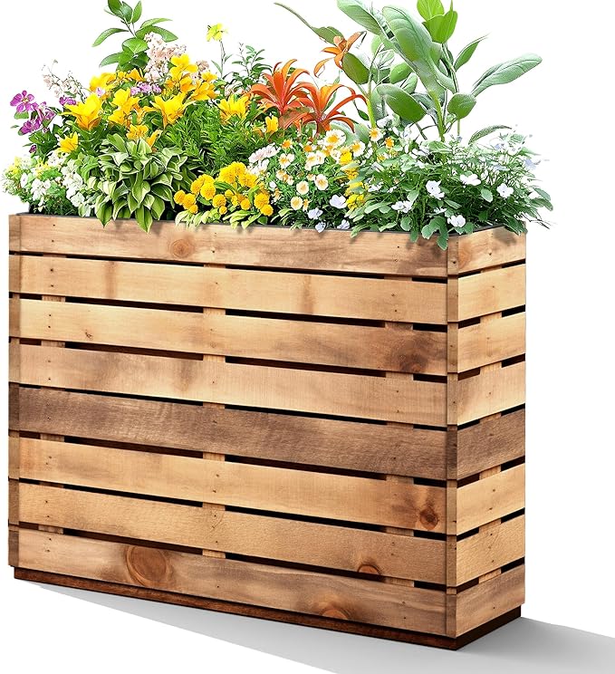 FENCY Large Metal Planter, Large Rectangular Planters for Outdoor Plants, Tall Outdoor Planters for Porch Patio, 35.4″ × 9.1″ × 25.6″ H Walnut Finish Metal Planter with Drainage Hole