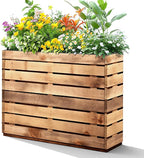 FENCY Large Metal Planter, Large Rectangular Planters for Outdoor Plants, Tall Outdoor Planters for Porch Patio, 35.4″ × 9.1″ × 25.6″ H Walnut Finish Metal Planter with Drainage Hole