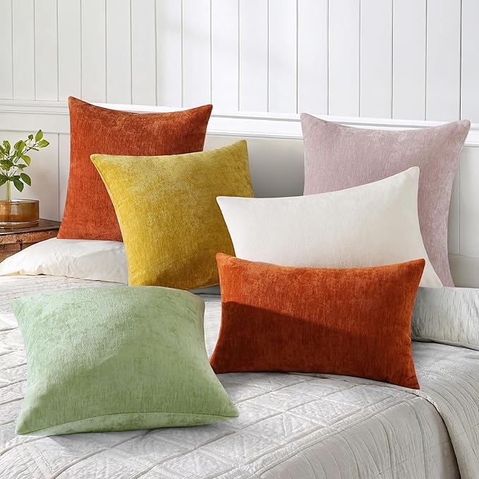 decorUhome Chenille Rust Fall Throw Pillow Covers 22x22 Inch Set of 2, Decorative Soft Couch Pillow Covers Solid Dyed Accent Velvet Farmhouse Neutral Square Pillow Cases for Sofa Bed Living Room