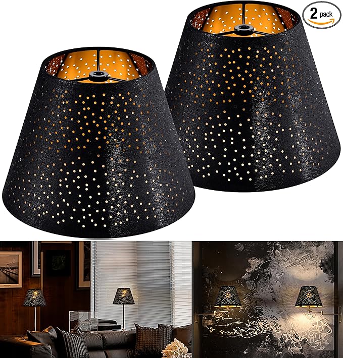 GOSO Set of 2 Small Black Drum Lamp Shades,5" × 9" × 6.4 Inch (Spider),Laser Drilling Design Lamp Shades for Table Lamps,Wall-Mounted Fixtures,Fabric Replacement Shades,No Assembly Required