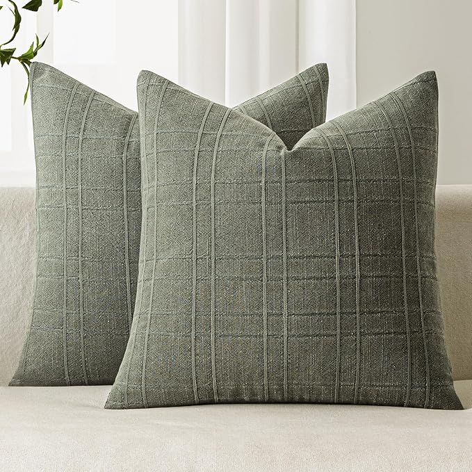 MIULEE Decorative Linen Check Euro Shams Throw Pillow Covers Neutral Farmhouse Vintage Pillow Covers 26x26 Set of 2 Boho Modern Home Decor for Sofa Couch Bedroom Cushion Olive Green