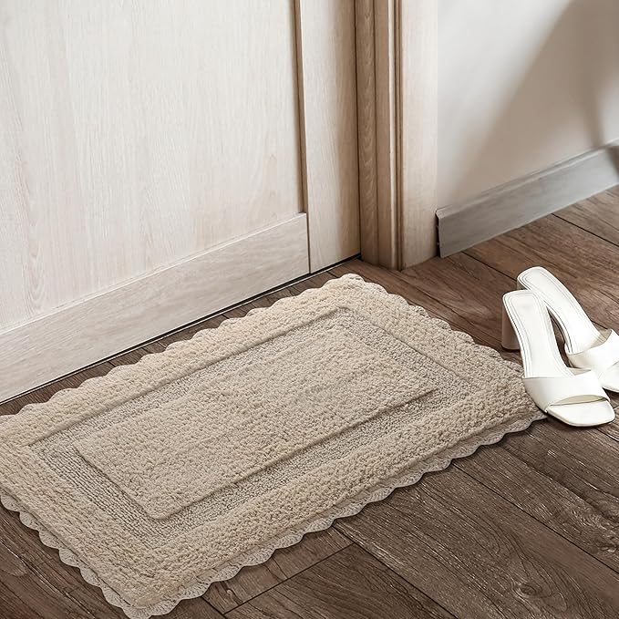 Savi Home Cotton Crochet Bathmat with Antiskid 21x34 Linen, 100% Pure Cotton, Super Soft White, Plush & Absorbent, Hand Tufted Heavy Weight Construction, Full Reversible Step Out Rugs
