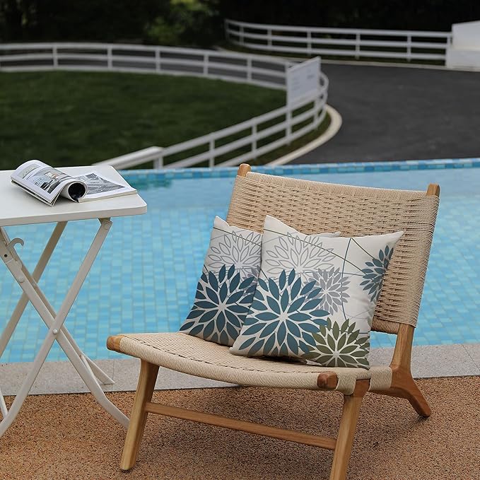 Blue Army Green Outdoor Pillow Covers Set of 2 16X16 Inch Teal Floral Elegant Polyester Flower Pillow Case Outdoor Waterproof Decor for Patio Funiture Garden Linen Cushion Covers 01C16