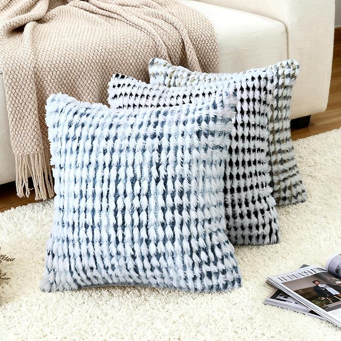 Boho Chenille Tufted Pillow Cover 20x20 Inch Set of 1, Farmhouse Striped Decorative Pillow Covers Accent Fluffy Neutral Square Pillowcases for Couch Sofa Bedroom Living Room, Blue White