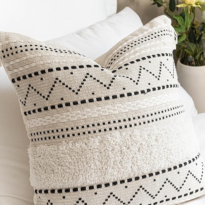 BlissBlush Decorative Throw Pillow Cover 20x20 Square Boho Black Neutral White Accent Pillowcase Tassels Farmhouse Cushion for Couch Sofa Bedroom Living Room Home Décor (Cover ONLY, Pack of 1)