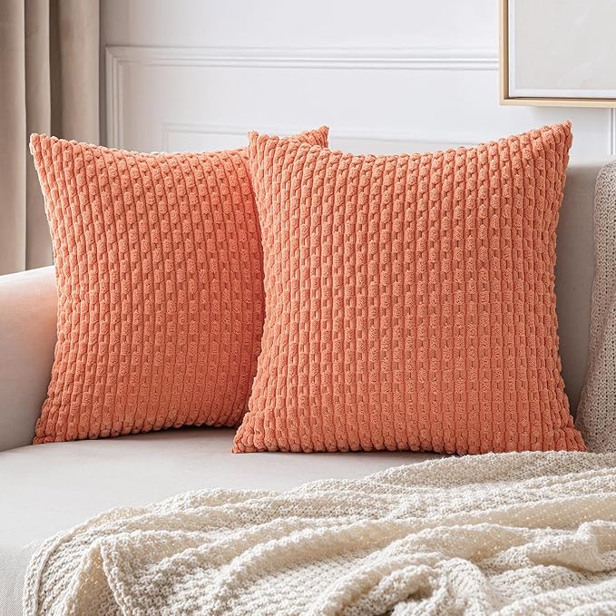 MIULEE Pack of 2 Decorative Throw Pillow Covers 20x20 Inch Soft Boho Striped Textured Corduroy Pillow Covers Modern Farmhouse Home Decor for Couch Bed Sofa Living Room Coral Red