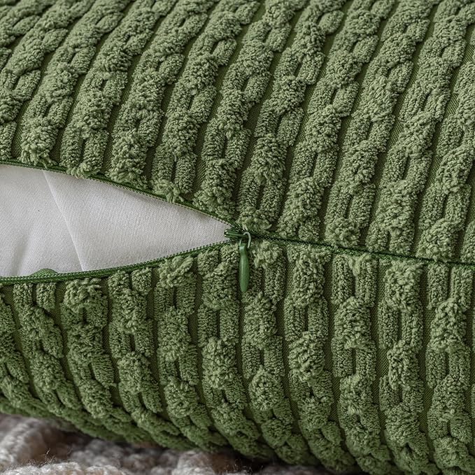 MIULEE Pack of 2 Decorative Throw Pillow Covers 16x16 Inch Soft Boho Striped Textured Corduroy Pillow Covers Modern Farmhouse Home Decor for Couch Bed Sofa Living Room Moss Green