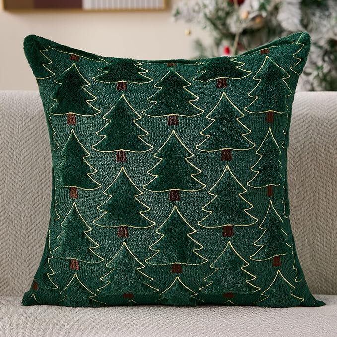 Christmas Pillow Covers 18x18 inch Set of 2 Xmas Decorations Soft Plush Faux Fur Wool Green Yellow Christmas Tree Throw Pillow Cases Winter Holiday Decor for Sofa Living Room PT-012A18