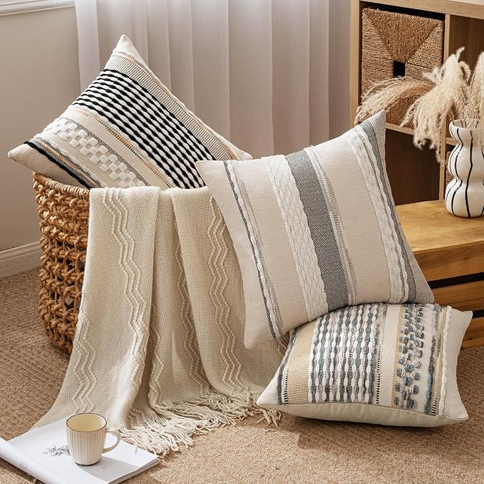 ANRODUO Pack of 2 Boho Decorative Throw Pillow Covers 18x18 Farmhouse Cushion Case Striped Chenille Pillow Cases Square Pillow Covers Accent Neutral Pillowcase for Sofa Couch Bed, Gray Blue Stripe