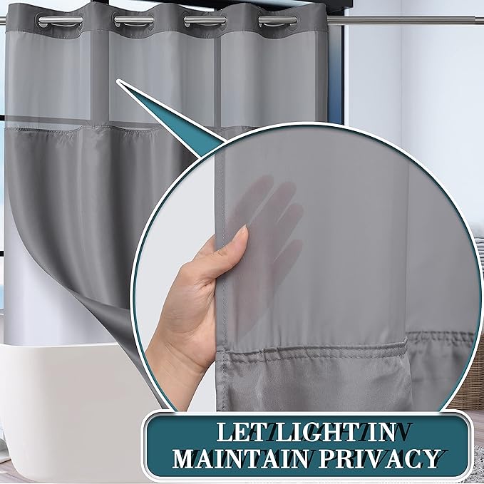 Conbo Mio Extra Long No Hook Shower Curtain with Snap in Liner Set, Hotel Luxury Grey Fabric Shower Curtains for Bathroom with See Through Top Window, Washable, Waterproof 71W x 84H