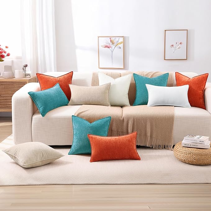 decorUhome Couch Throw Pillow Covers 18x18 Set of 2, Decorative Soft Euro Neutral Chenille Pillow Covers with Elegant Design for Sofa Bed Living Room Home Decor, Teal