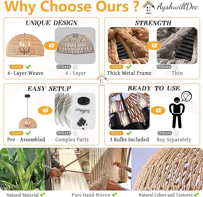 17.6 inch Hemp Rope Woven Pendant Light Wicker Pendant Light 3-light Rattan Light Fixture Boho Chandelier Farmhouse Chandelier Dome Pendants Light for Dining Room Bedroom Kitchen(Bulb Incl