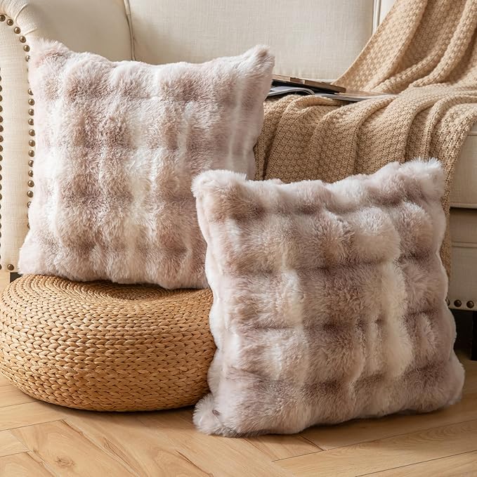 Pack of 2 Thick Plush Throw Pillow Covers Fluffy Wave Faux Fur Decorative Cushion Covers Soft Wool Pillowcase for Sofa Couch Livingroom 22x22 Inch White Taupe