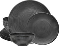 Bzyoo 12 Piece Melamine Dinnerware Set - Durable, Dishwasher Safe Organica Black Plates and Bowls Sets Casual Dish Set for Dining, Outdoor and Kitchen
