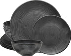 Bzyoo 12 Piece Melamine Dinnerware Set - Durable, Dishwasher Safe Organica Black Plates and Bowls Sets Casual Dish Set for Dining, Outdoor and Kitchen