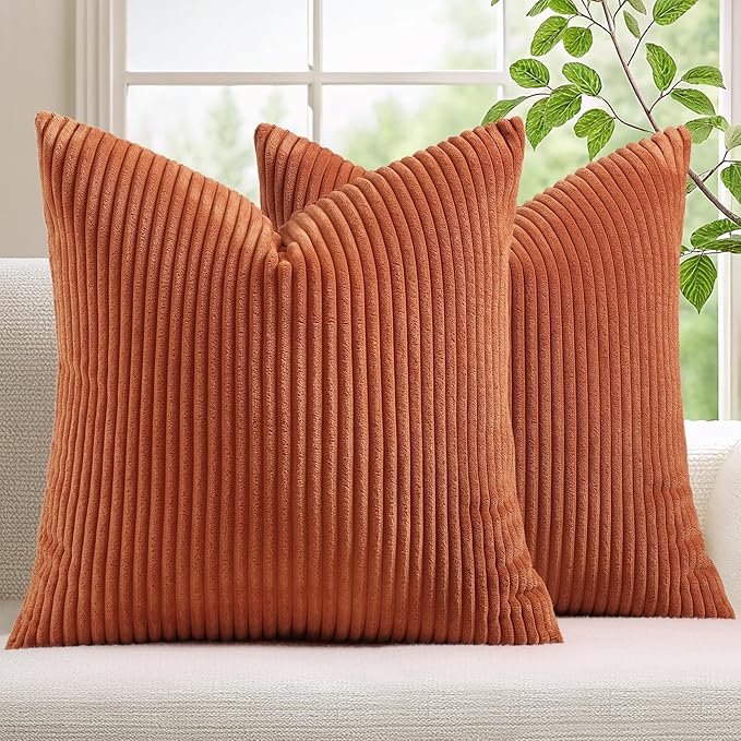 Mecatny Corduroy Decorative Fall Throw Pillow Covers 16x16 Set of 2 for Sofa Living Room, Soft Burnt Orange Neutral Boho Couch Pillow Covers for Home Decor, Rust