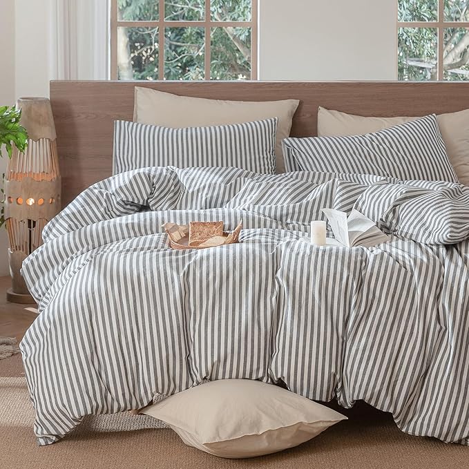 MooMee Striped Duvet Cover Set 100% Washed Cotton Linen Like Textured Breathable Durable Soft Comfy (Dark Grey White Classic Stripes, Twin 68"x90")