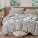 MooMee Striped Duvet Cover Set 100% Washed Cotton Linen Like Textured Breathable Durable Soft Comfy (Dark Grey White Classic Stripes, King 104"x90")