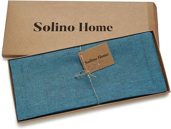Solino Home Linen Small Table Runner 60 Inches - Athena, 100% Pure Linen Chambray Teal Table Runner 14 x 60 Inch Ideal for Dresser and Coffee Tables - Fall, Autumn, Thanksgiving