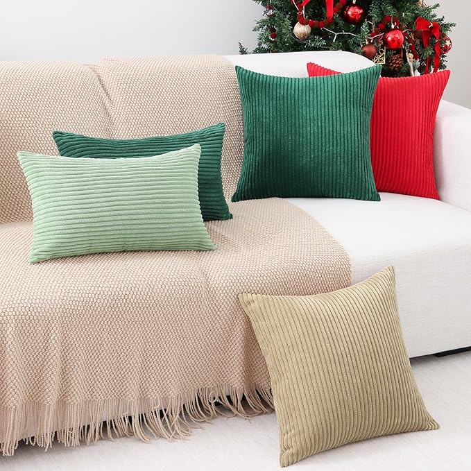 Mecatny Christmas Decorative Corduroy Throw Pillow Covers 20x20 Set of 2 for Sofa Living Room, Soft Neutral Boho Couch Pillow Covers for Home Decor, Green