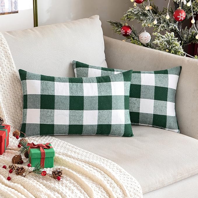 MIULEE Christmas Pack of 2 Buffalo Check Plaids Porch Throw Pillow Covers Classic Retro Farmhouse Cushion Case Soft Square Pillowcases for Home Decor Sofa Bedroom Couch 12 x 20 Inch Green and White