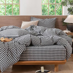 MooMee Gingham Duvet Cover Set 100% Washed Cotton Linen Like Textured Breathable Durable Soft Comfy Modern Checkered Design (Black White Gingham, Super King 108"x98")
