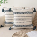 Boho Throw Pillow Covers 20x20 Set of 2 Woven Tufted Farmhouse Pillows Cover with Tassels Textured Striped Cushion Case Neutral Pillow Cases Decorative Pillowcase for Sofa, Couch, Bed, Dark Blue