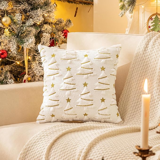AQOTHES Christmas Tree Decorative Green White Throw Pillow Covers 18x18 Set of 2, Faux Fur Farmhouse Throw Pillows Cushion Cases for Xmas Winter Holiday Home Decor