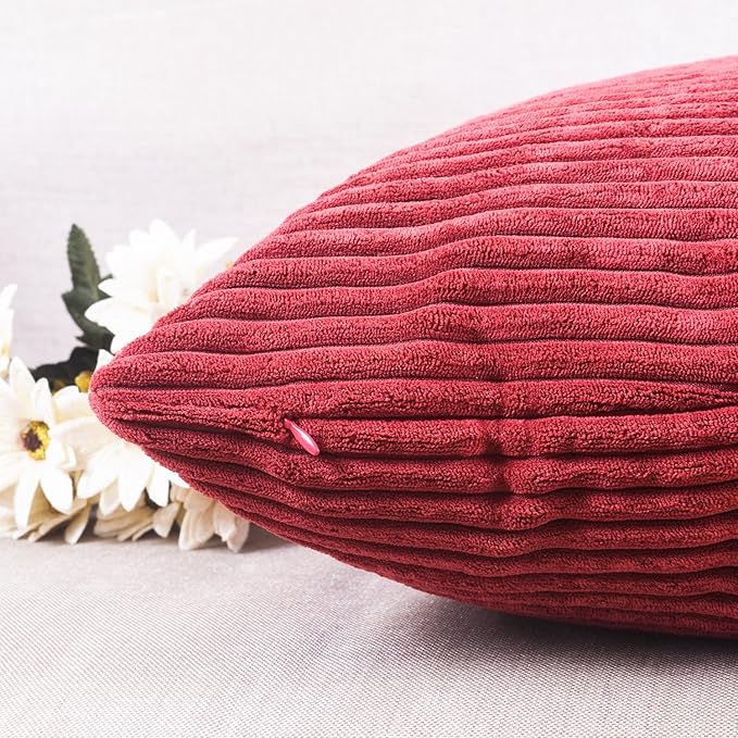Home Brilliant Pillow Covers 18x18 Decorative Throw Pillows for Couch Dark Red Soft Plush Corduroy Striped Throw Pillow Covers Set of 2 for Sofa Couch Bed Christmas, 18 x 18 Inch, Burgundy