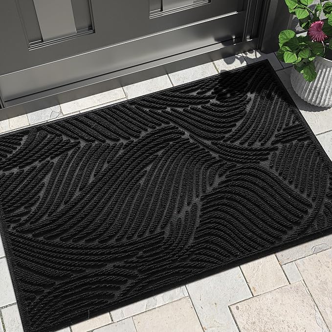 Yimobra Large Door Mat 36x24, All-Weather Waterproof Art Line Outdoor Mats for Front Door, Heavy Duty Non-Slip Welcome Matt for Garage Patio Proch Entryway Indoor, Black