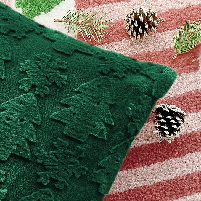 Christmas Pillow Covers 20x20, Soft Faux Rabbit Fur Throw Pillow Covers with 3D Embroidery Christmas Tree and Snowflake Design for Winter Holiday Home Decor, Couch Sofa Bedroom, Green