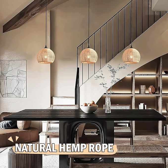 Mini Hemp Rope Woven Pendant Light Woven Light Fixture Boho Chandelier Light Fixture Wicker Pendant Light Rattan Light Pendant Dome Wicker Chandelier for Bedroom Kitchen Island(Bulb Incl.)