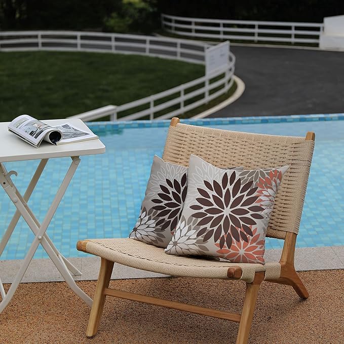 DFXSZ Brown Red Orange Pillow Covers 16x16 Inch Set of 2 Flower Throw Pillows Outdoor Waterproof Decor for Living Room Couch Patio Funiture Garden Modern Floral Polyester Pillow Covers 002A16